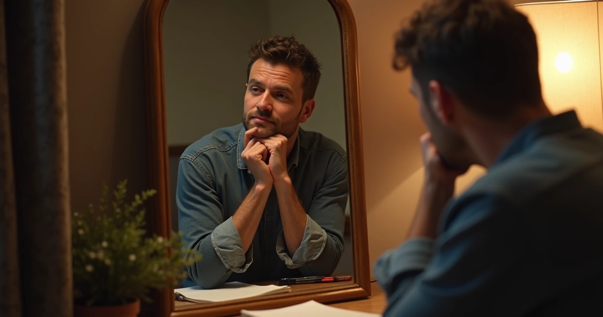 Homem sentado em posição de reflexão diante de um espelho, expressando autopercepção e autoanálise 