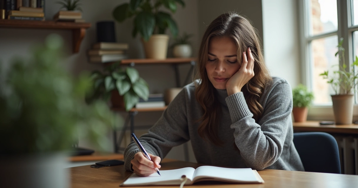 Pessoa sentada refletindo sozinha, com caderno 