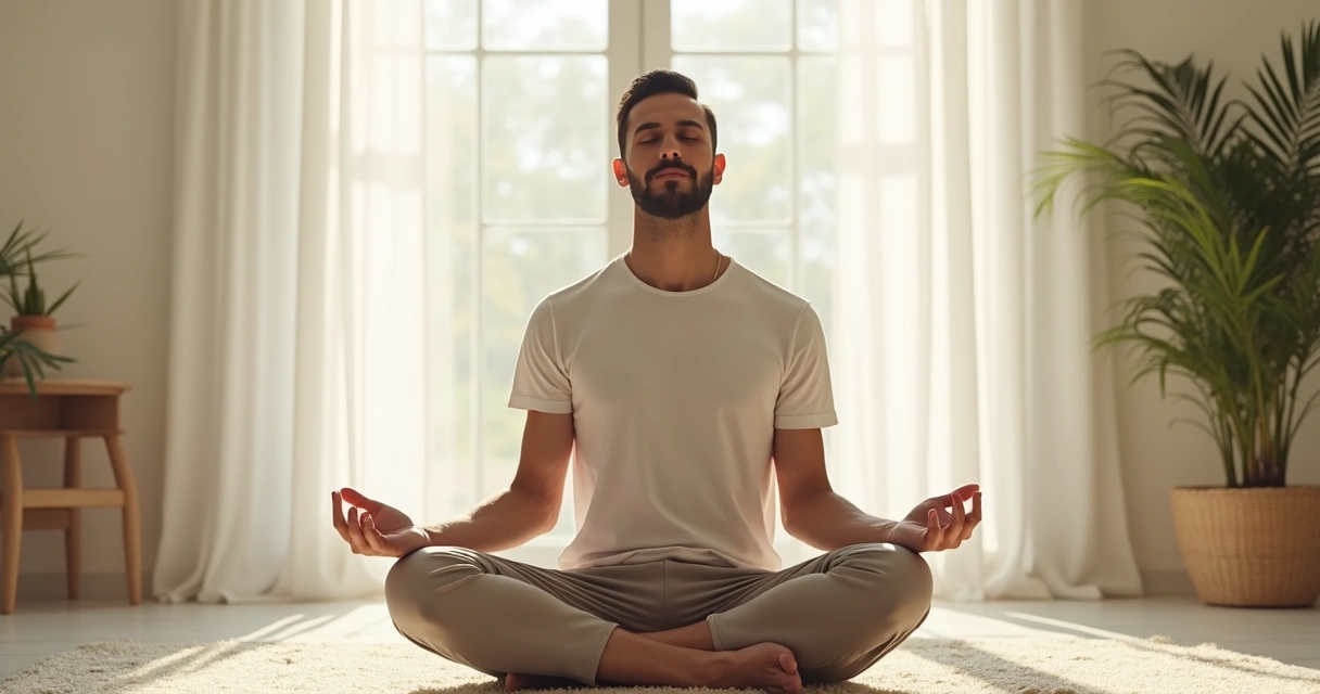 Homem sentando em posição de meditação no centro de um ambiente claro e sereno. 