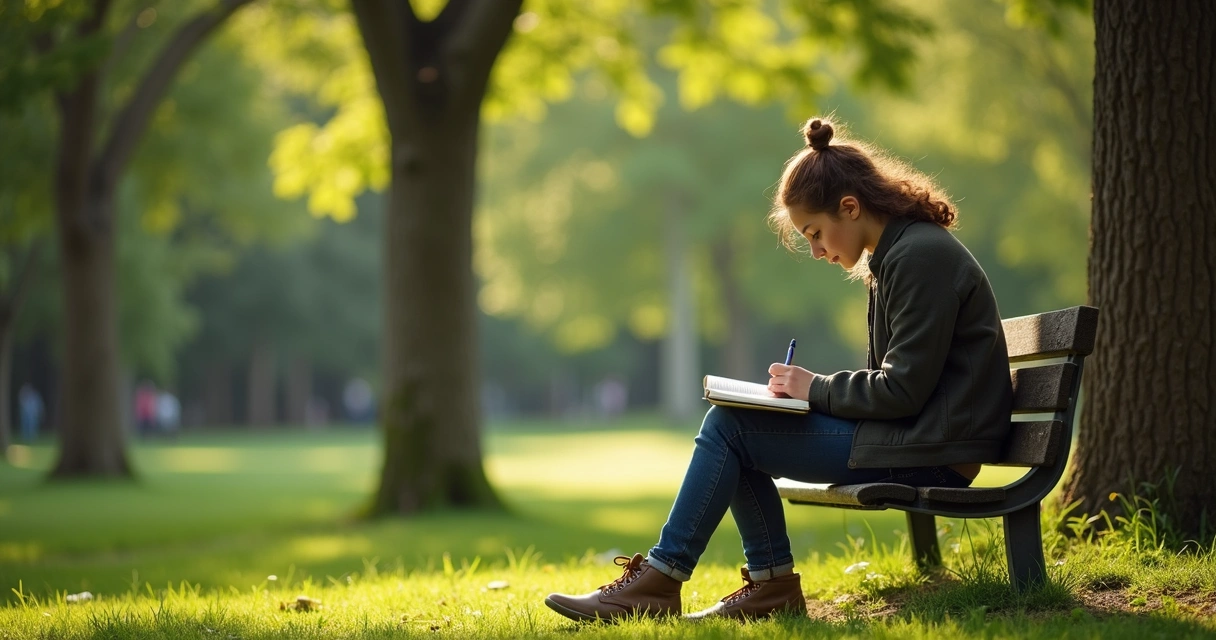 Jovem sentado em um parque, escrevendo em um diário, cercado de árvores, representando auto-observação e contato com a natureza.
