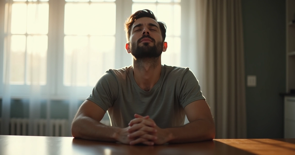 Pessoa sentada sozinha em silêncio, olhos fechados, mãos apoiadas sobre a mesa, respirando fundo 