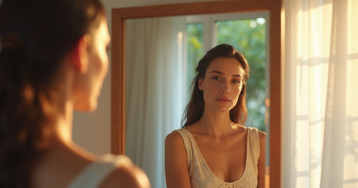 Pessoa olhando para o próprio reflexo em espelho durante o dia, ambiente caseiro e iluminado, expressão serena. 