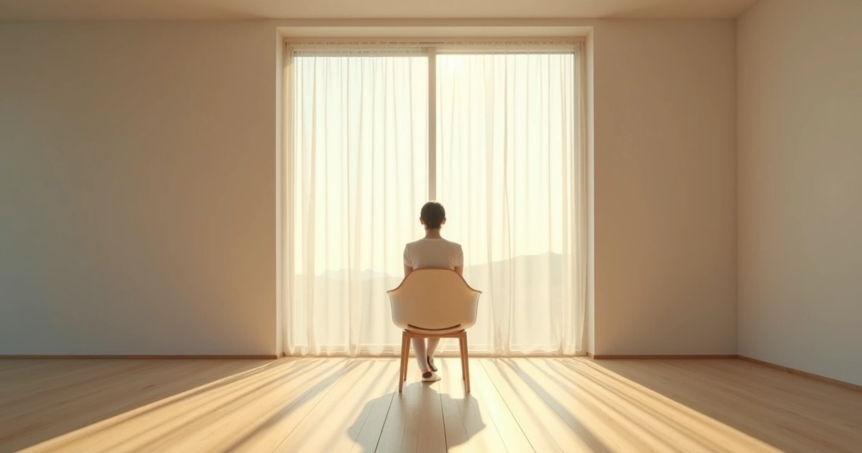 Pessoa sentado em cadeira, olhando para janela, em ambiente calmo e claro 