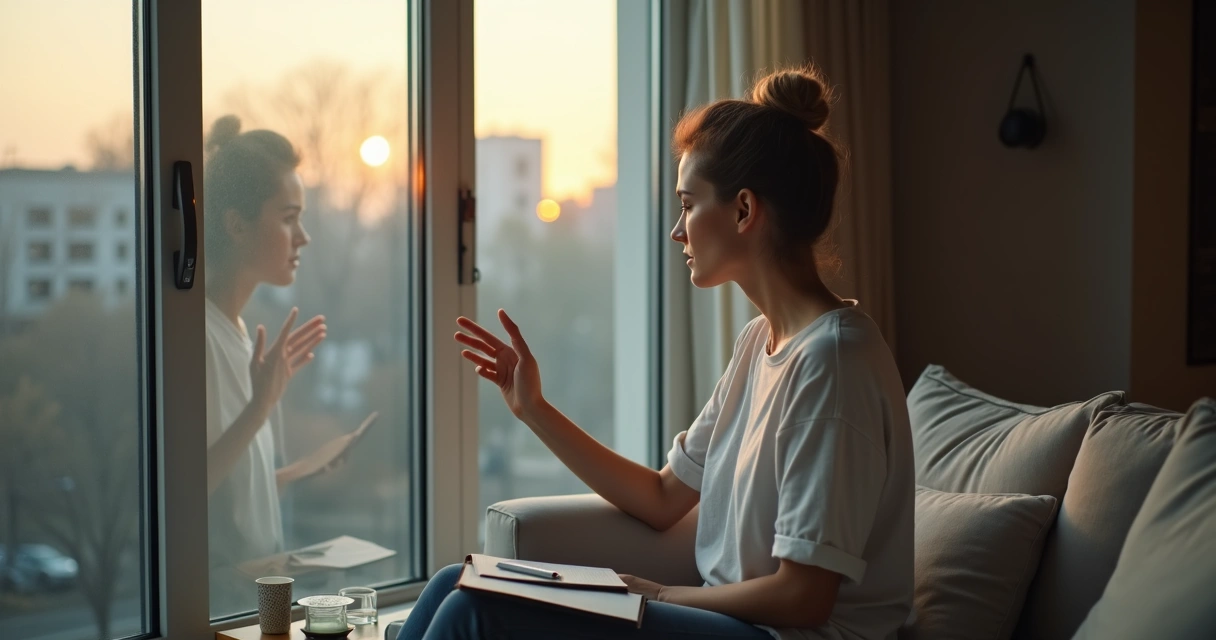 Pessoa observando o próprio reflexo em uma janela com expressão de reflexão e autoconhecimento 