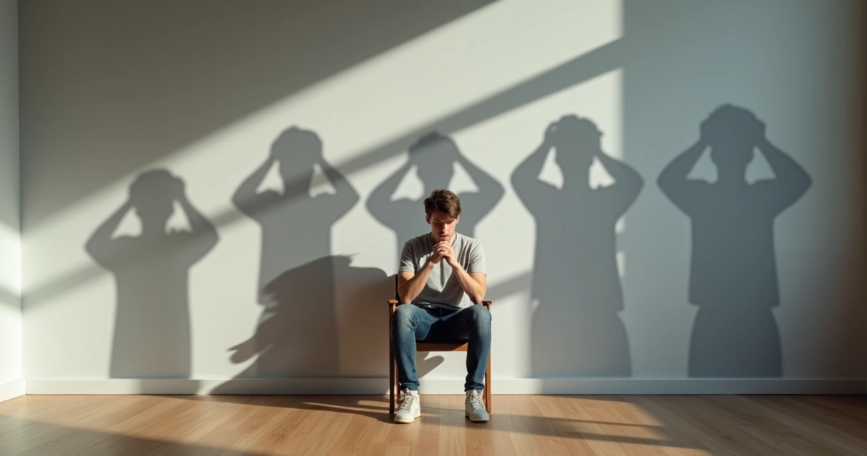 Pessoa sentada refletindo diante de parede com sombras que simbolizam padrões inconscientes 