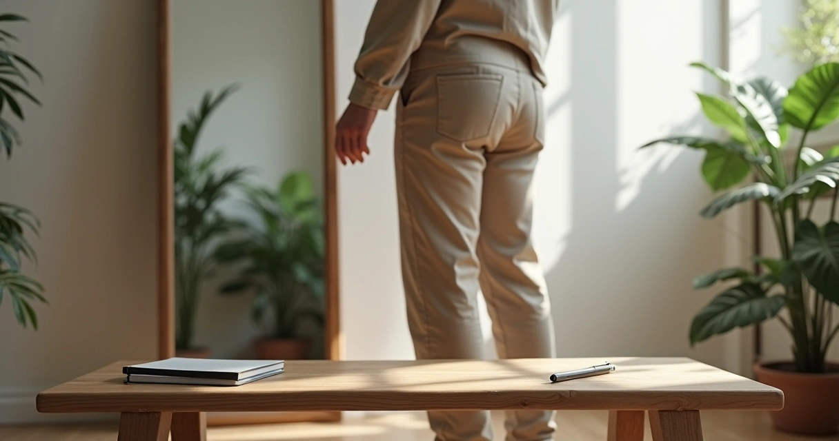 Pessoa olhando para o próprio reflexo em um espelho de corpo inteiro 