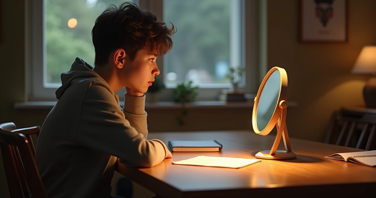 Pessoa sentada olhando o próprio reflexo em espelho redondo sobre mesa de madeira. 