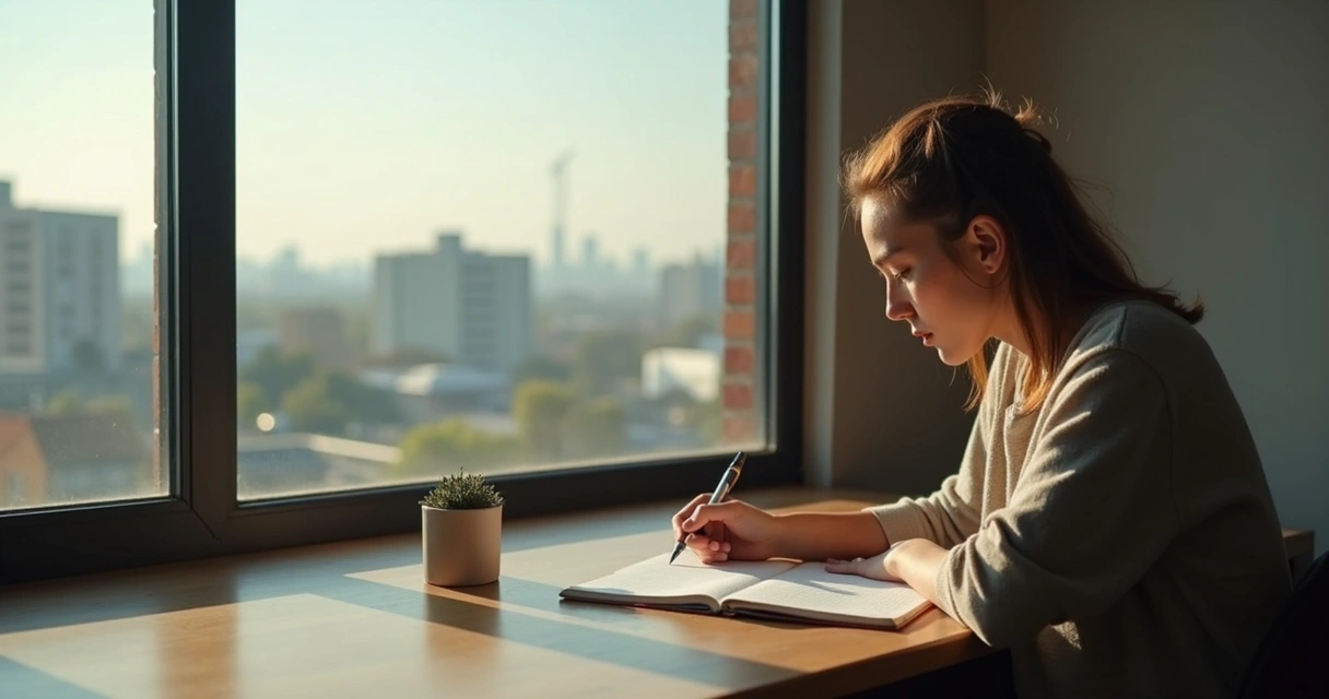 Pessoa refletindo diante de uma janela, luz natural, caderno de anotações sobre a mesa. 