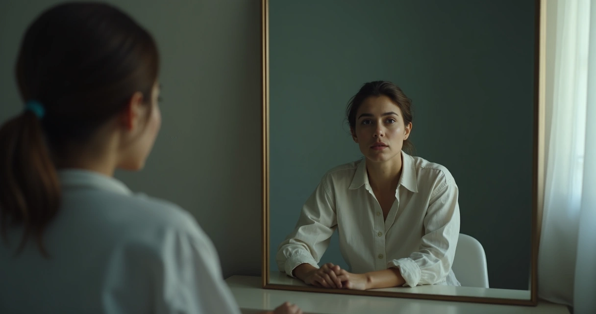 Pessoa refletindo sozinha, olhando para si mesma em espelho com expressão pensativa 