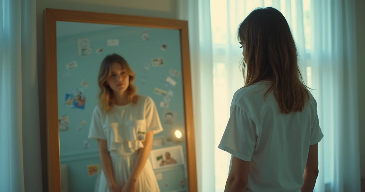 Pessoa olhando para si no espelho de modo reflexivo