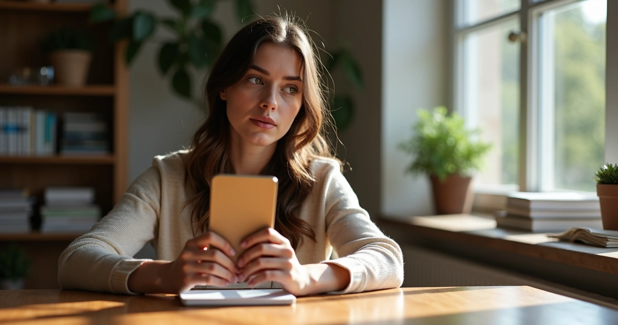 Mulher olhando para o próprio reflexo em um espelho, pensativa 