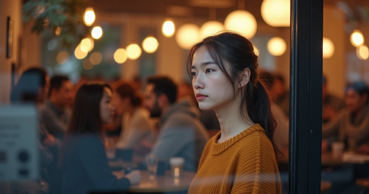 Pessoa observando reflexo em vidro, pensando sobre relações. 