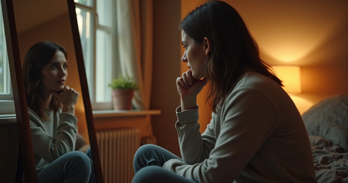 Pessoa olhando para o próprio reflexo em um espelho em um ambiente aconchegante 