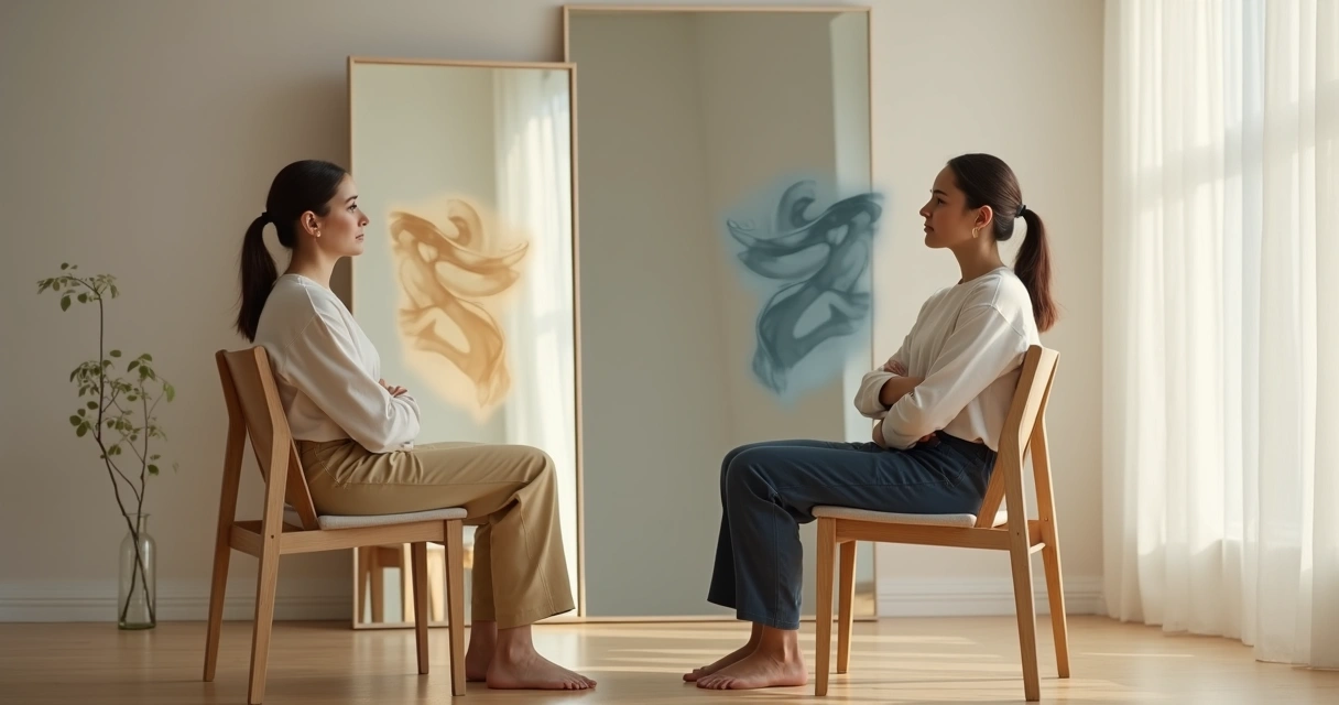 Pessoa em reflexão diante de espelho com luz e sombra representando resistência interna 