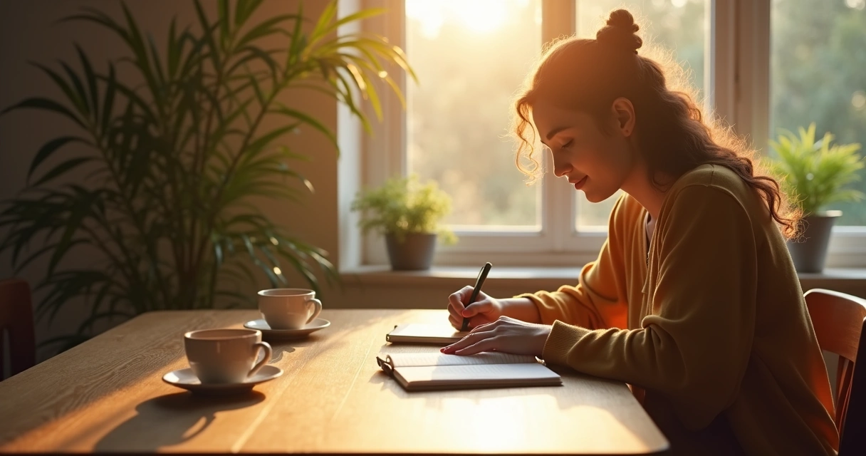 Pessoa sentada em uma mesa escrevendo em diário com xícara de café ao lado, ambiente acolhedor ensolarado 