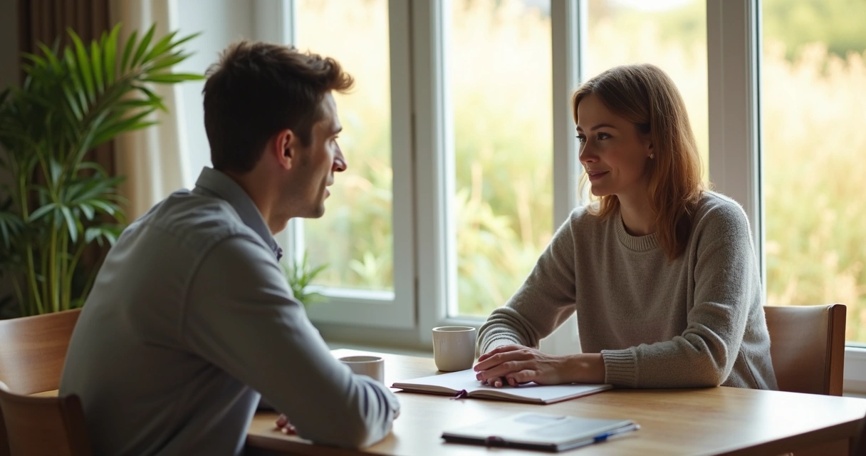 Pessoa sentada refletindo diante de outra pessoa com expressão aberta em ambiente acolhedor 