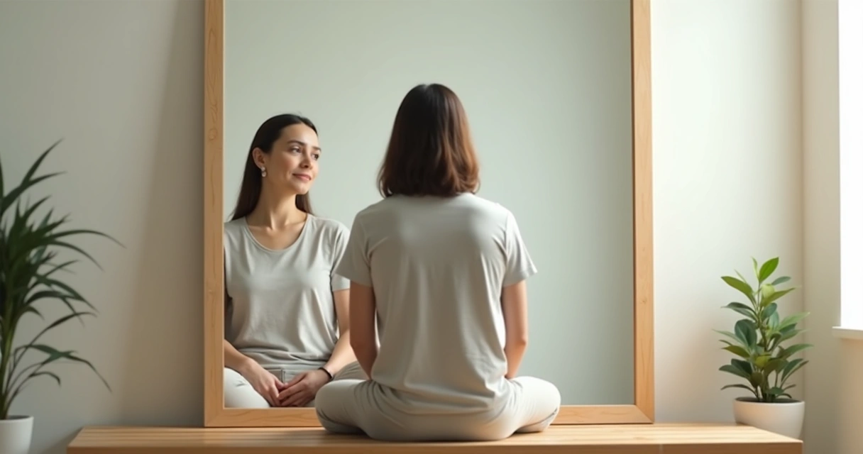Mulher observando o próprio reflexo dividido entre calma e crítica interna 