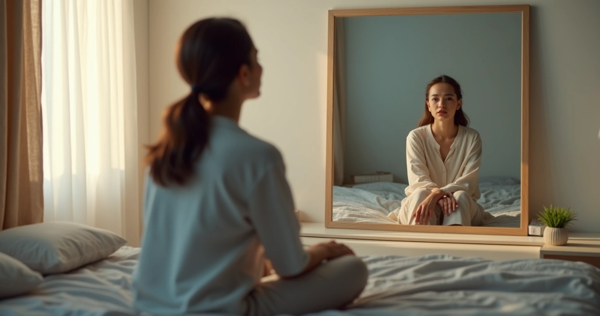 Persona sentada frente al espejo con doble reflejo que muestra calma y autoexigencia 