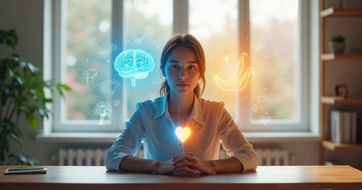 Persona con mente y corazón iluminados diferenciando observación y regulación emocional 