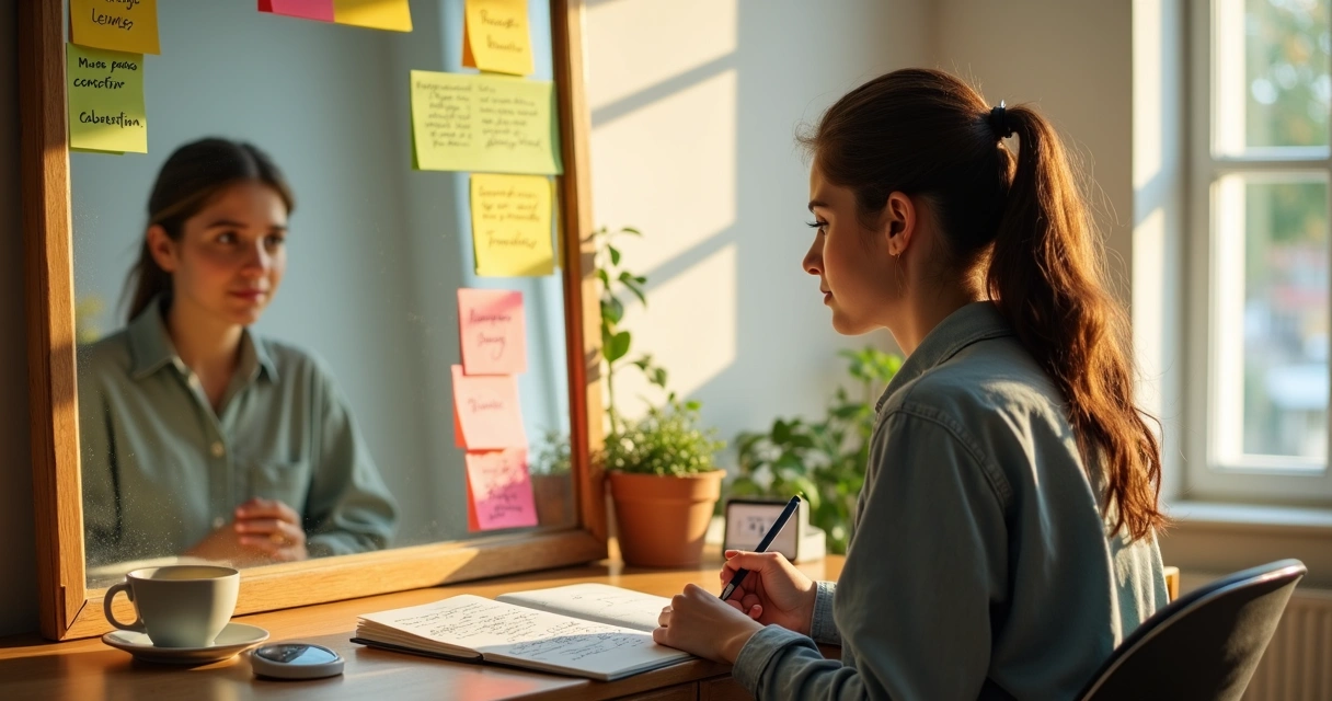 Persona tomando notas de autoobservación frente al espejo con post-its de hábitos antiguos y nuevos 