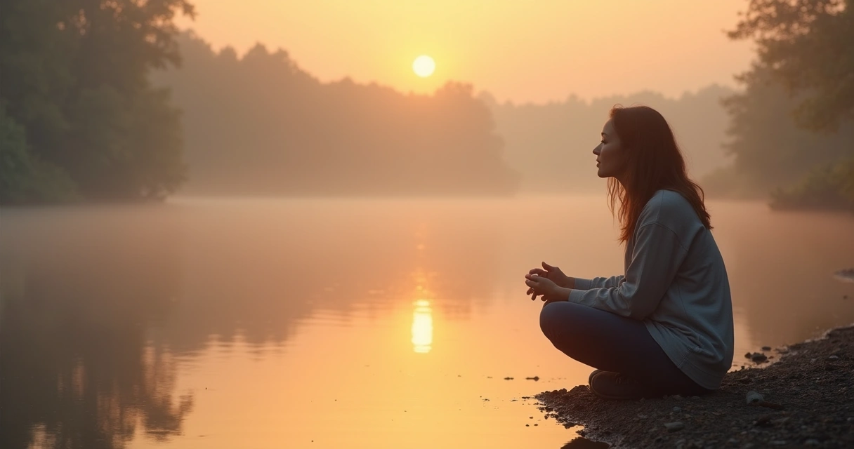 Persona mirando su reflejo en el agua de un lago en calma 