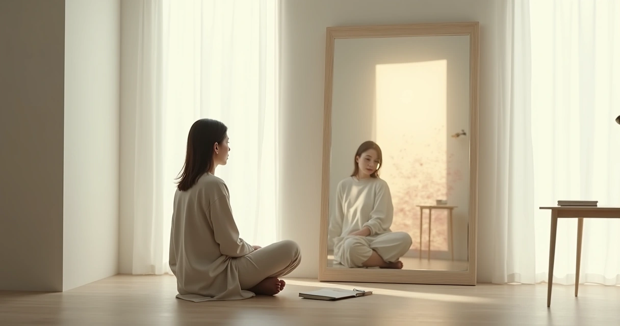 Persona reflexionando frente a un espejo con un paisaje interior dividido entre calma y caos 