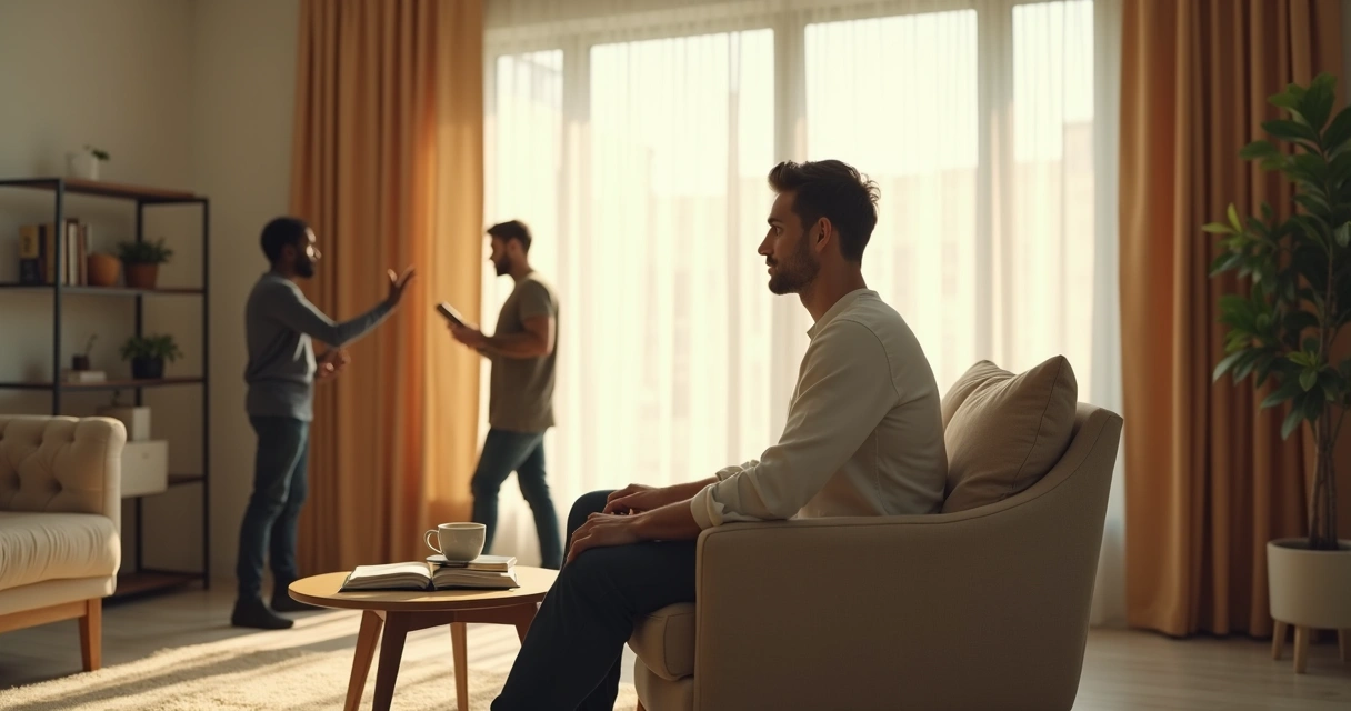 Persona en sala de estar observando una escena de conflicto congelada en el tiempo 
