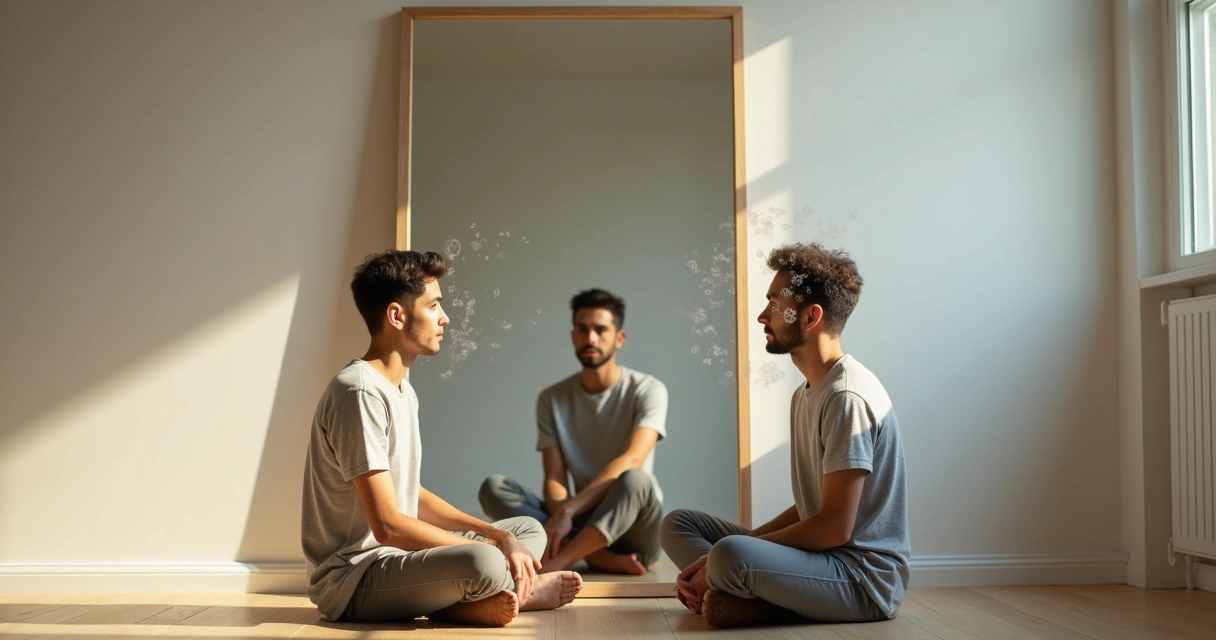 Persona sentada frente a un espejo rodeada de pensamientos confusos y claros 