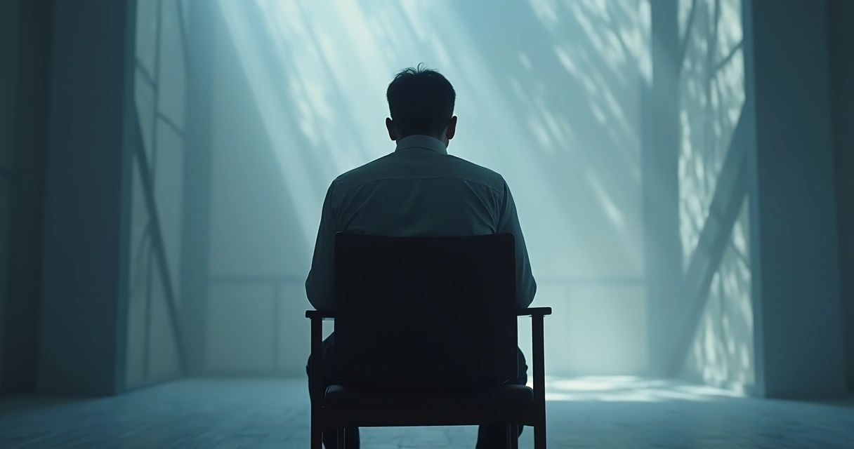 Persona sentada en postura reflexiva con fondo tenue y patrones abstractos que sugieren introspección y pensamientos internos 