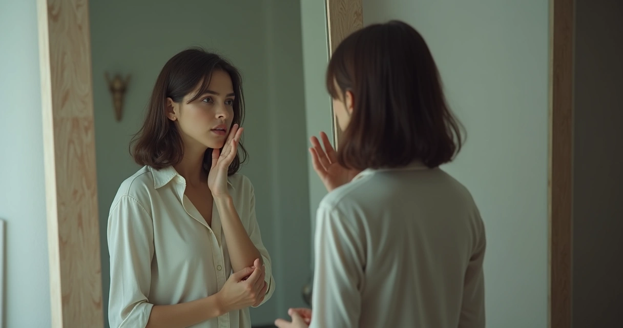 Persona mirando su reflejo en un espejo, analizando su expresión tras recibir una crítica 