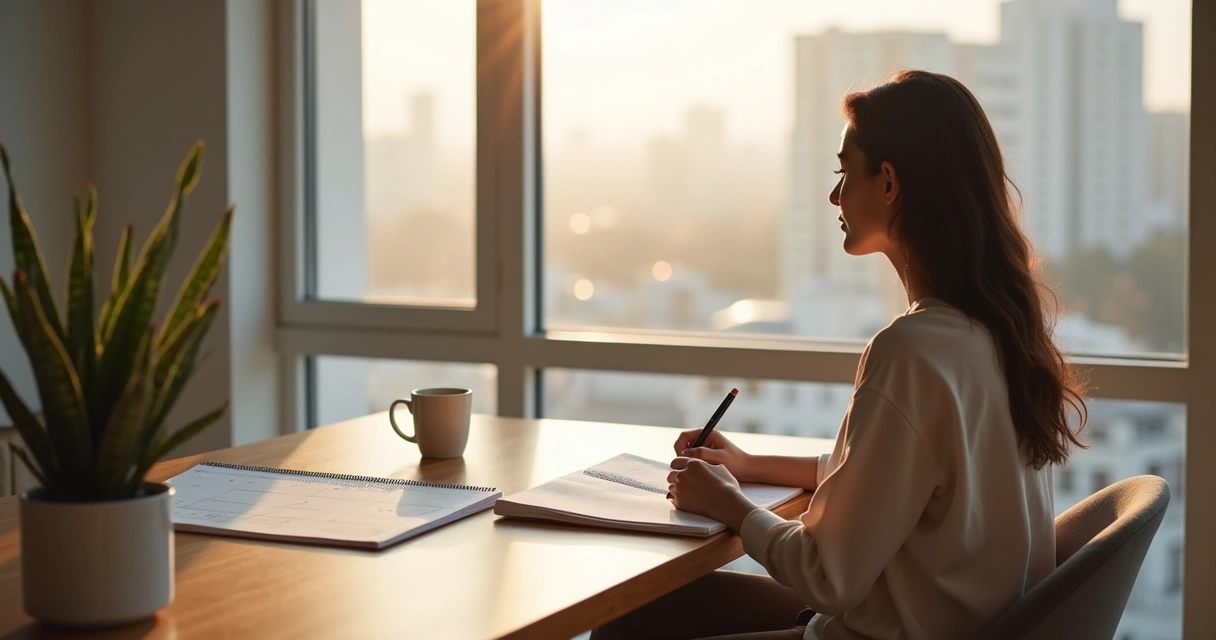 Persona escribe reflexiones en un cuaderno junto a una ventana luminosa 