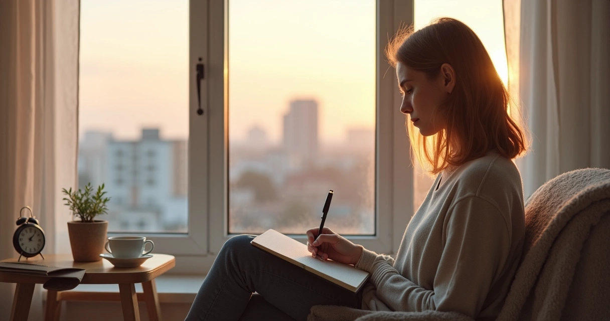 Mujer sentada junto a la ventana escribiendo un diario de autoobservación 