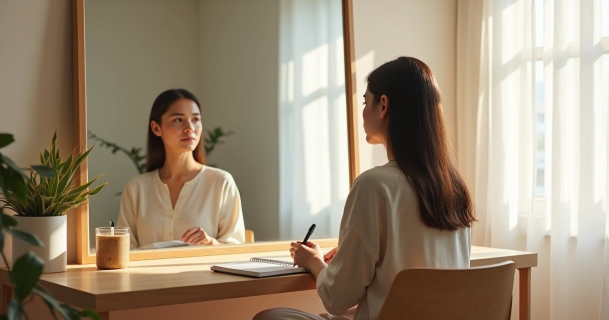 Mujer sentada frente a un espejo escribiendo sobre su día en un cuaderno 