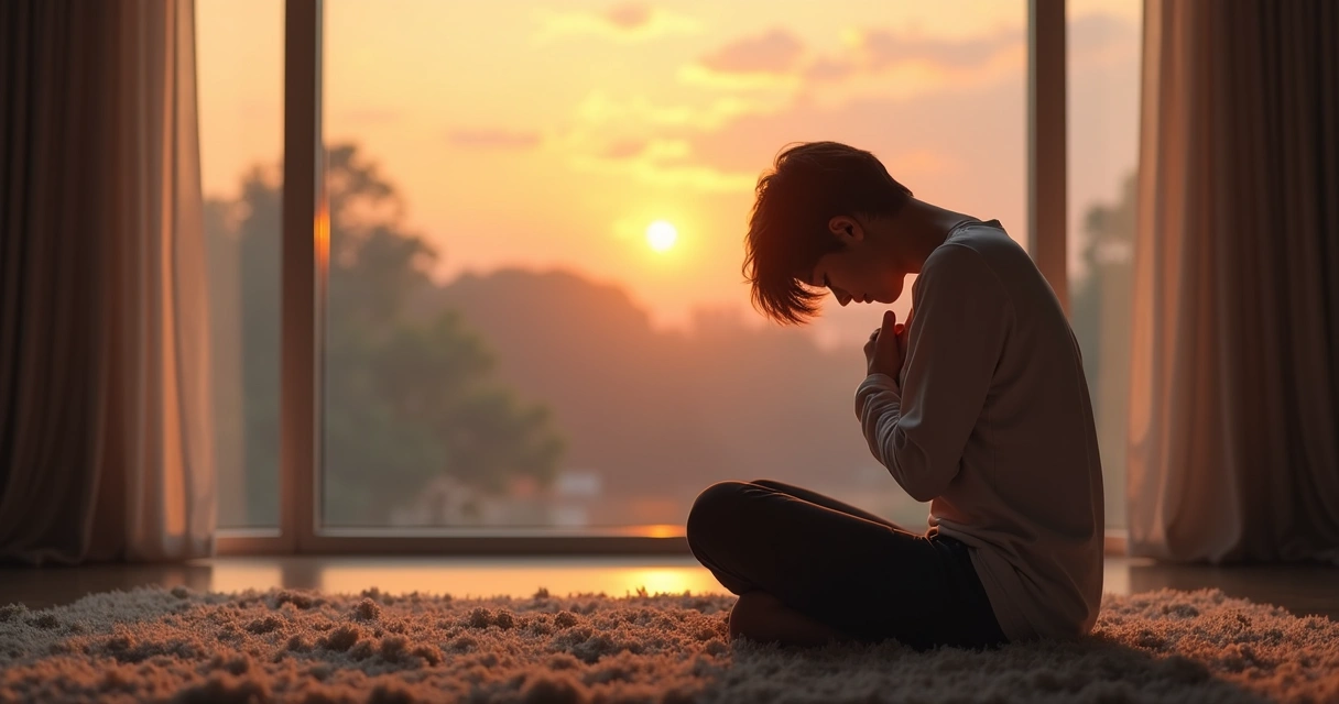 Persona joven sentada sola, observándose en silencio con ojos cerrados. 