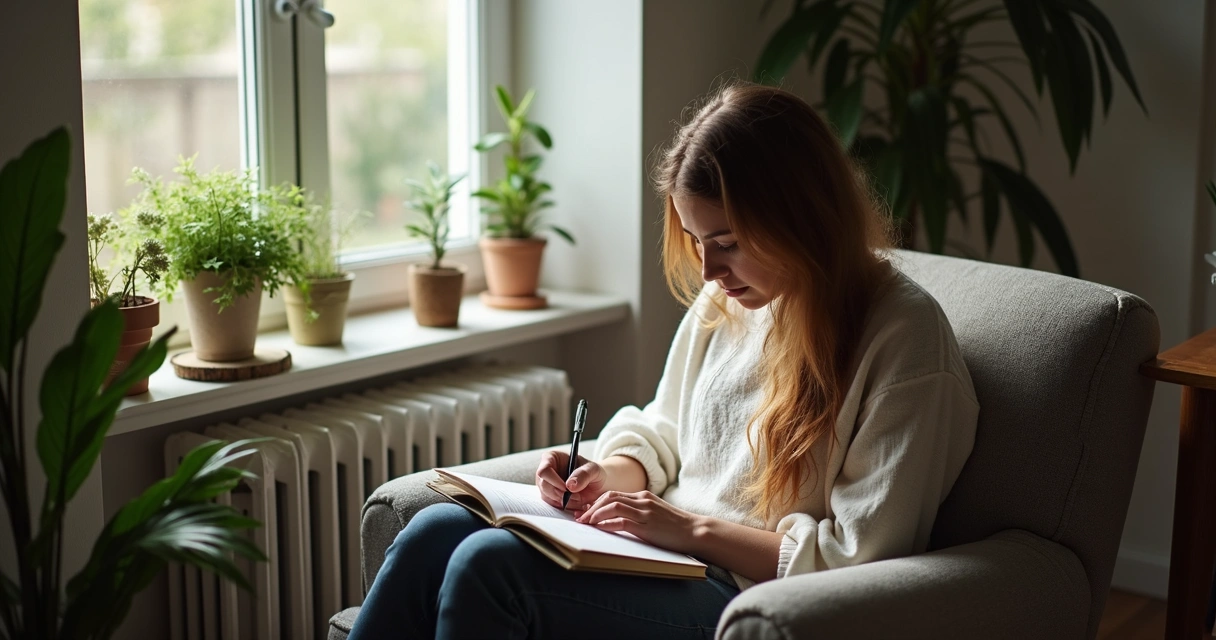 Persona escribiendo en un diario sobre emociones, sentado en un espacio tranquilo 