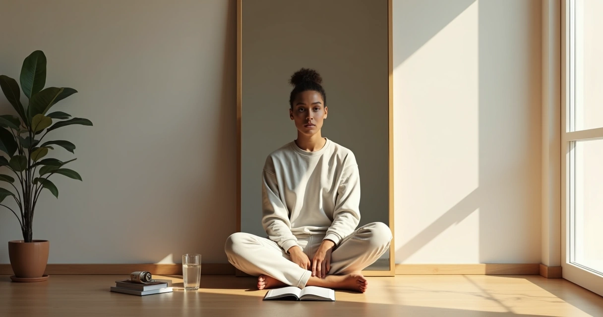 Persona sentada frente a un espejo con mitad en sombra y mitad iluminada 