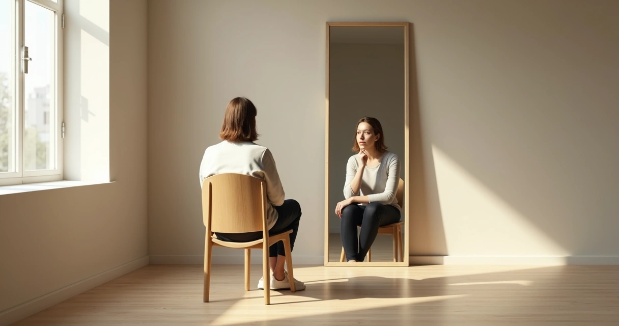 Persona observando su reflejo en un espejo con expresión reflexiva y serena 