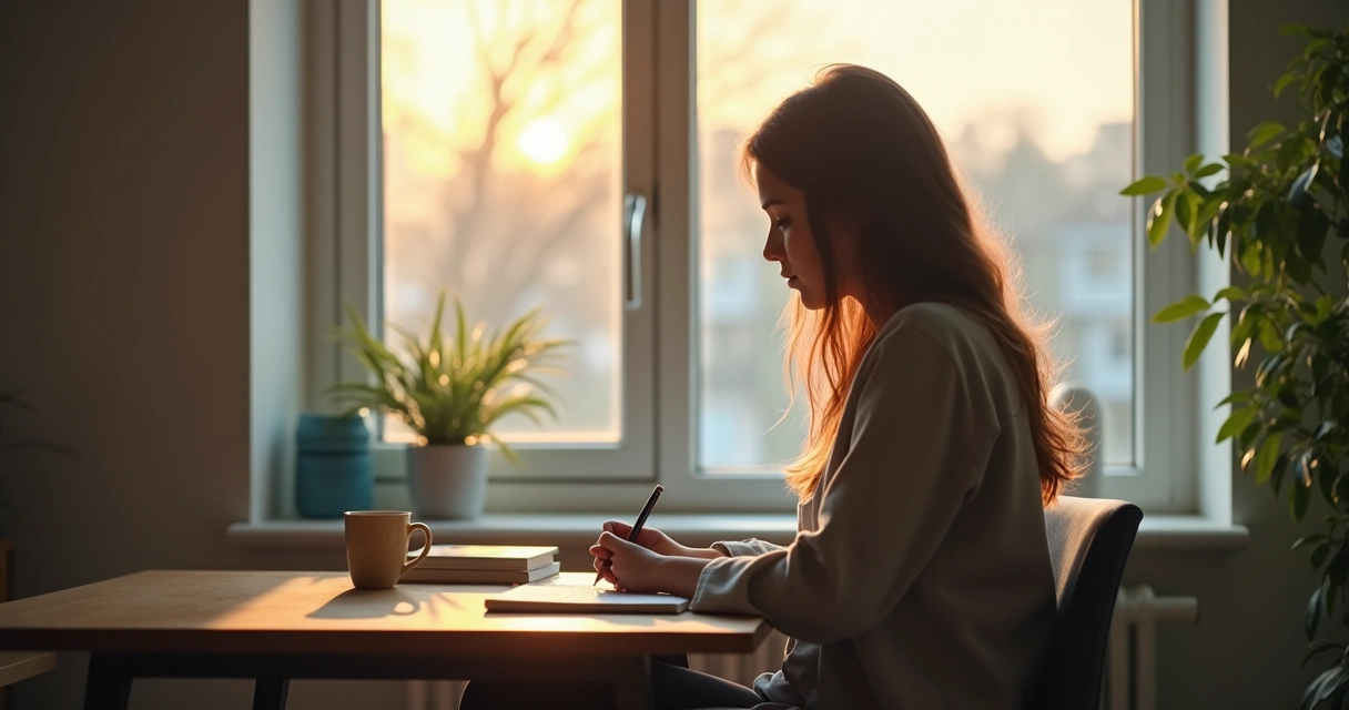 Persona observando sus manos mientras escribe en un diario 