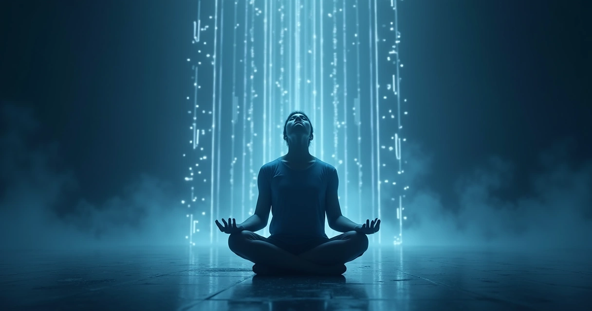 Persona sentada con los ojos cerrados, rodeada de reflejos que simbolizan pensamientos e introspección 