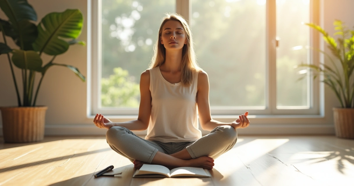 Persona meditando en espacio interior luminoso con libreta al lado