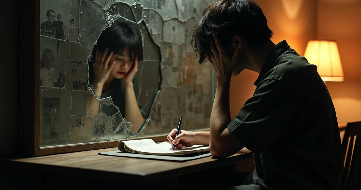 Persona mirando su reflejo en un espejo quebrado y anotando en un cuaderno 