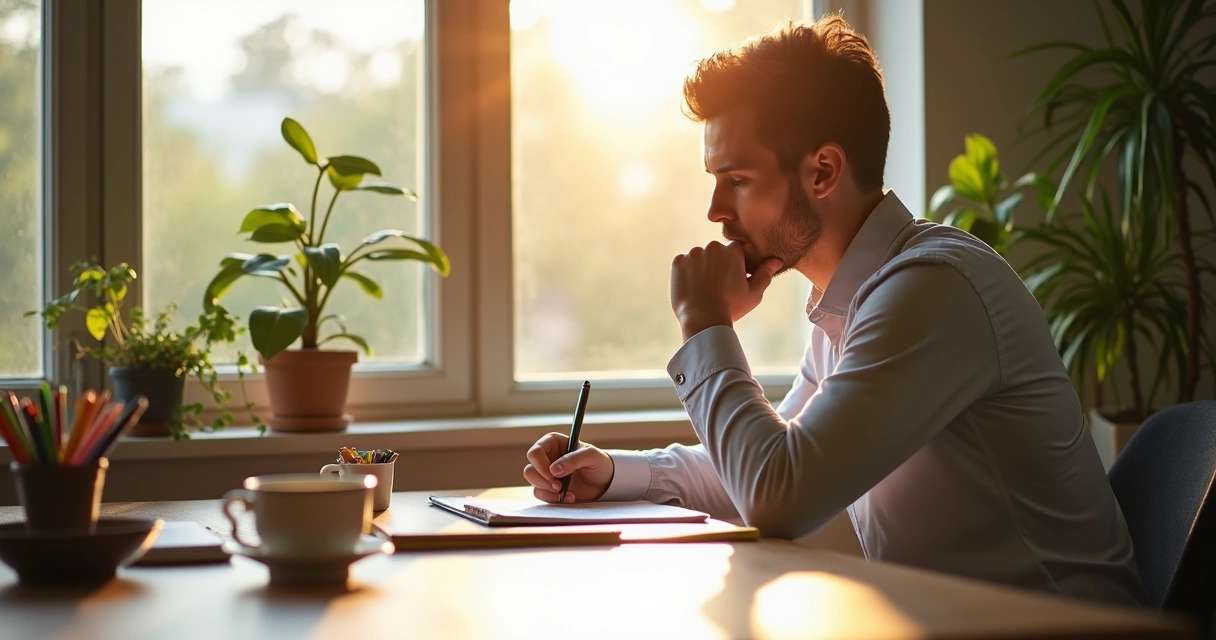 Persona escribiendo en cuaderno, concentrada, en interior luminoso