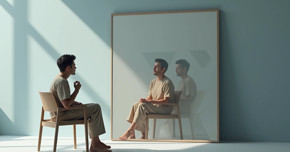 Persona reflexionando frente al espejo con expresión serena y líneas que muestran sus distintos patrones de reacción 