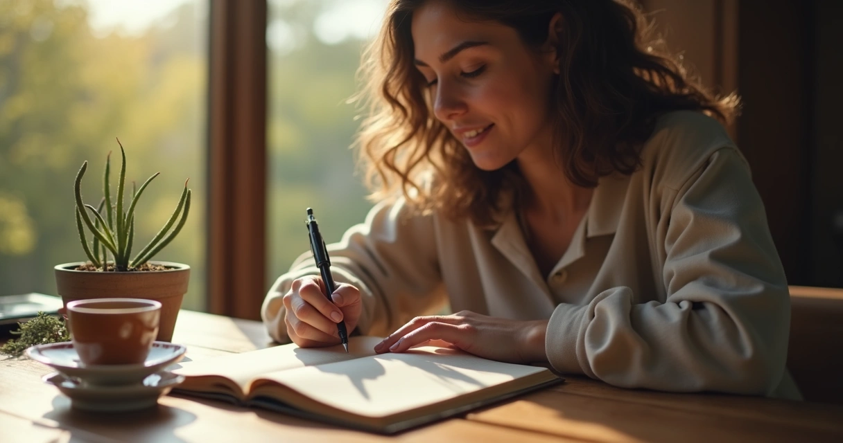 Persona escribiendo en diario personal sobre sus emociones 
