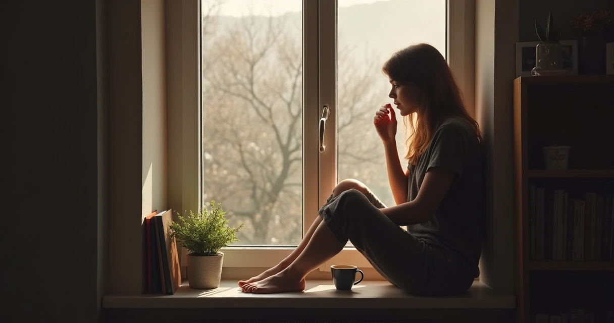 Persona observando su reflejo en una ventana con expresión introspectiva 