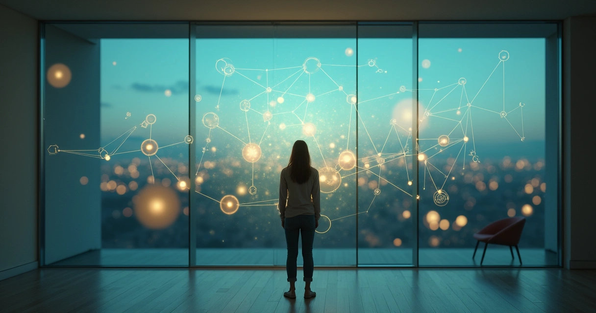 Persona observando un mapa luminoso de conexiones y patrones interrelacionados 