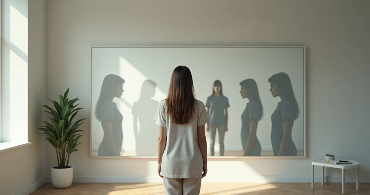 Persona reflexionando frente al espejo con sombras duplicadas que simbolizan trampas mentales 