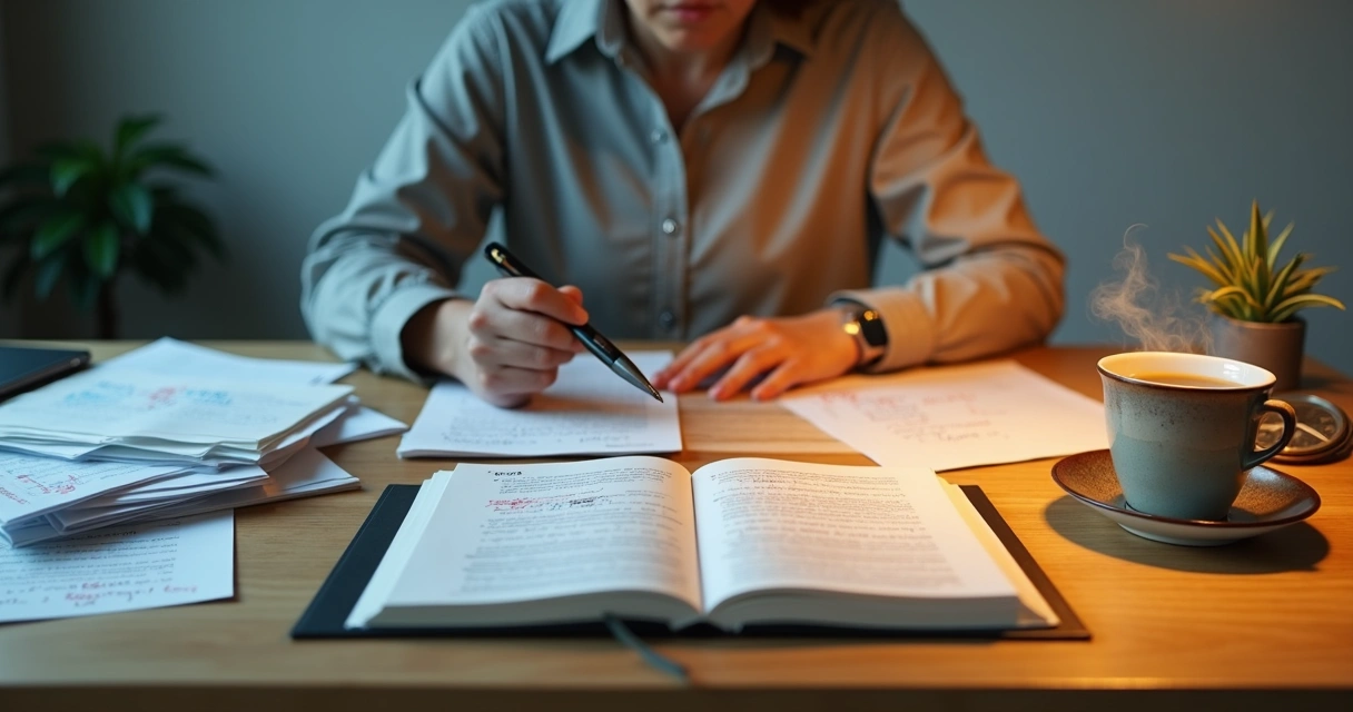 Persona en escritorio divido entre presión del tiempo y calma de la autoobservación 