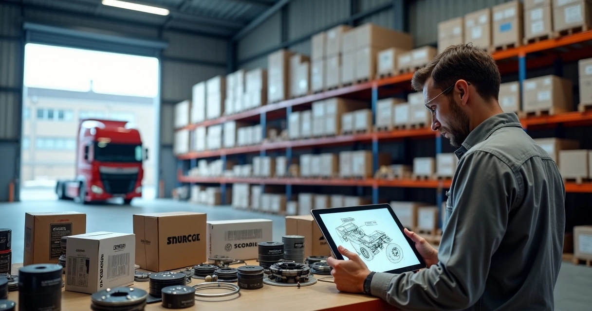 Depósito organizado com peças de caminhão e mecânico analisando catálogo digital 