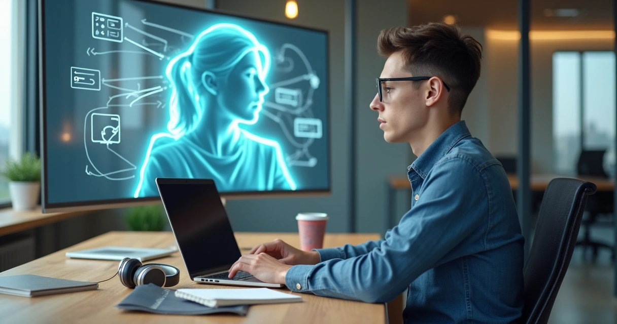 Profissional observando a si mesmo em reflexo digital em ambiente de trabalho híbrido 